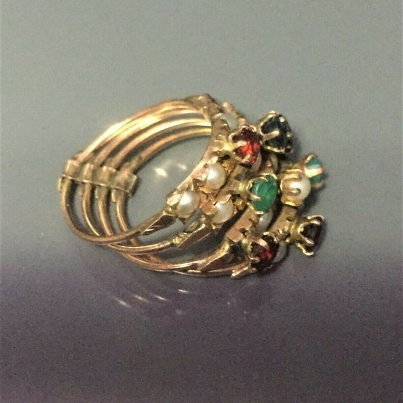 Victorian Rose Gold, Ruby, Sapphire, Emerald & Pearl Multi Band Ring size 6 - Picture 2 of 6